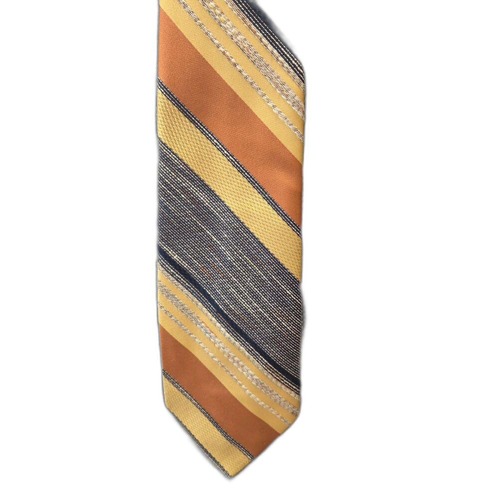 1970s Ram Tiemakers Striped Tie Rust Orange Gold Navy Textured Wide Necktie